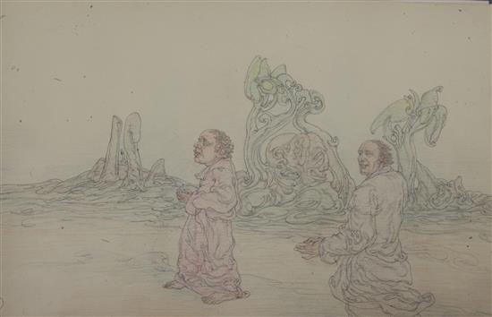 § Austin Osman Spare (1888-1956) Two robed figures in a desolate landscape 8 x 13in. unframed